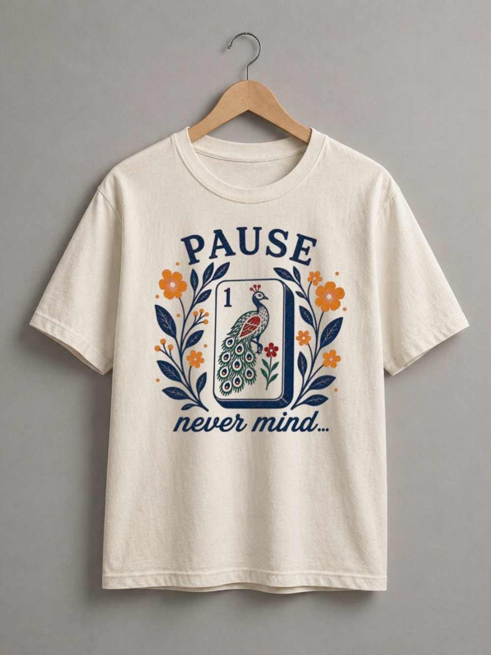 Off White Tee with Navy & Orange Peacock Graphic